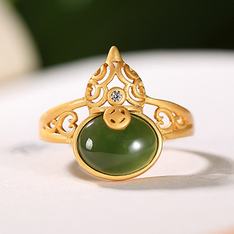Nimara Ritual Gourd Cyan Jade Copper Coin Success Luck Adjustable Ring