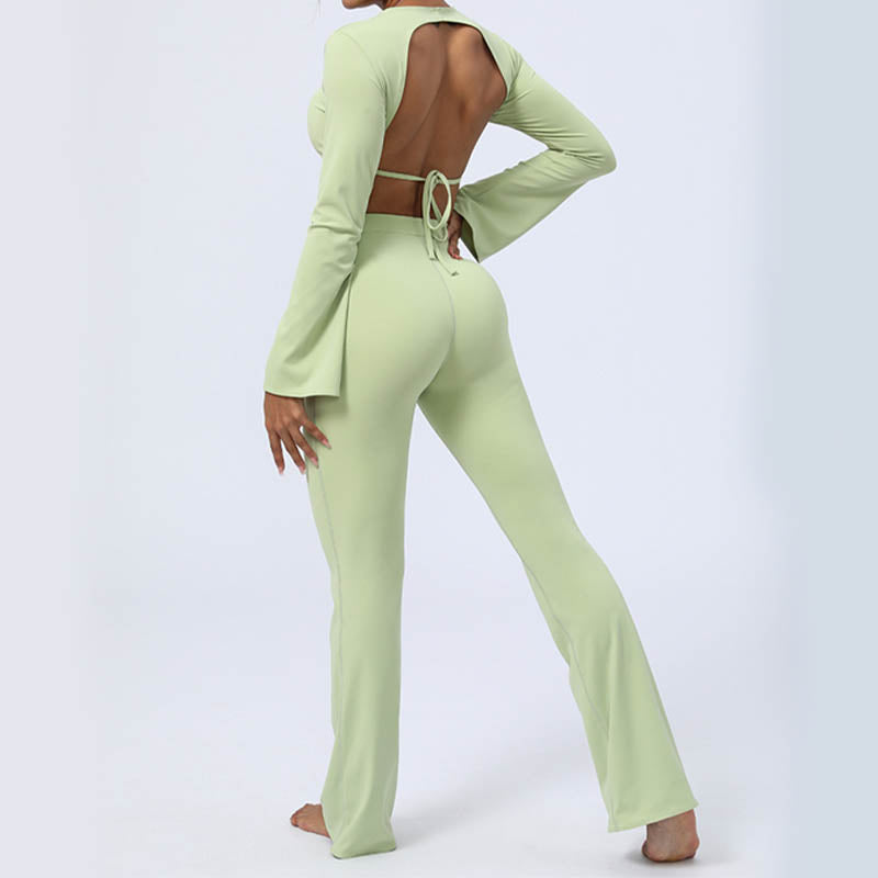 Nimara Ritual Long Sleeve Backless Strap Top Bra Flare Pants Fitness Yoga Outfit