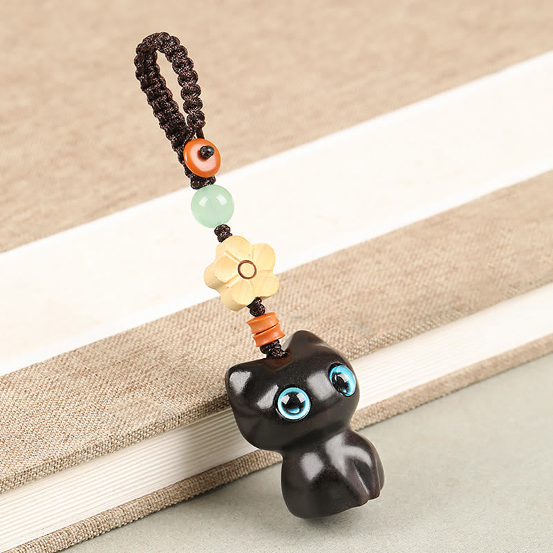 Nimara Ritual Mini Small Leaf Red Sandalwood Ebony Wood Lucky Cat Lovely Kitty Peace Key Chain Phone Hanging Decoration