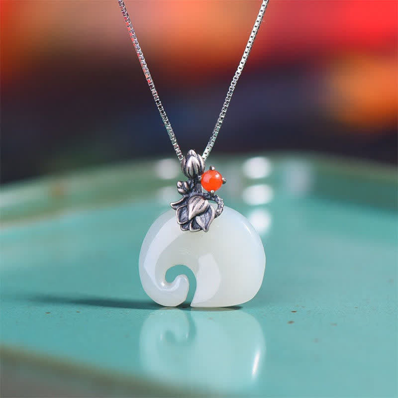 Nimara Ritual White Jade Elephant Lotus Protection Necklace Pendant