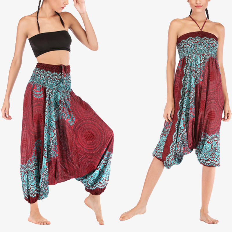 Nimara Ritual Two Style Wear Round Geometric Pattern Loose Smocked Harem Trousers Jumpsuit High Waist Women's Yoga Pants