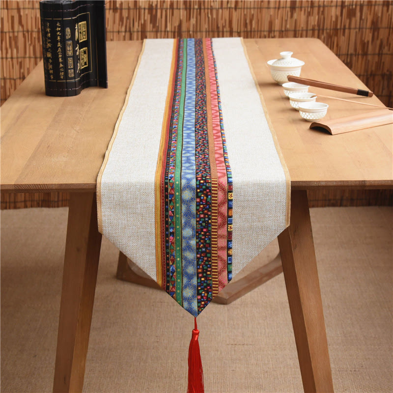 Nimara Ritual Classic Chinese Style Lotus Koi Fish Flower Crane Calligraphy Enlightenment Cotton Linen Tassels Table Runner