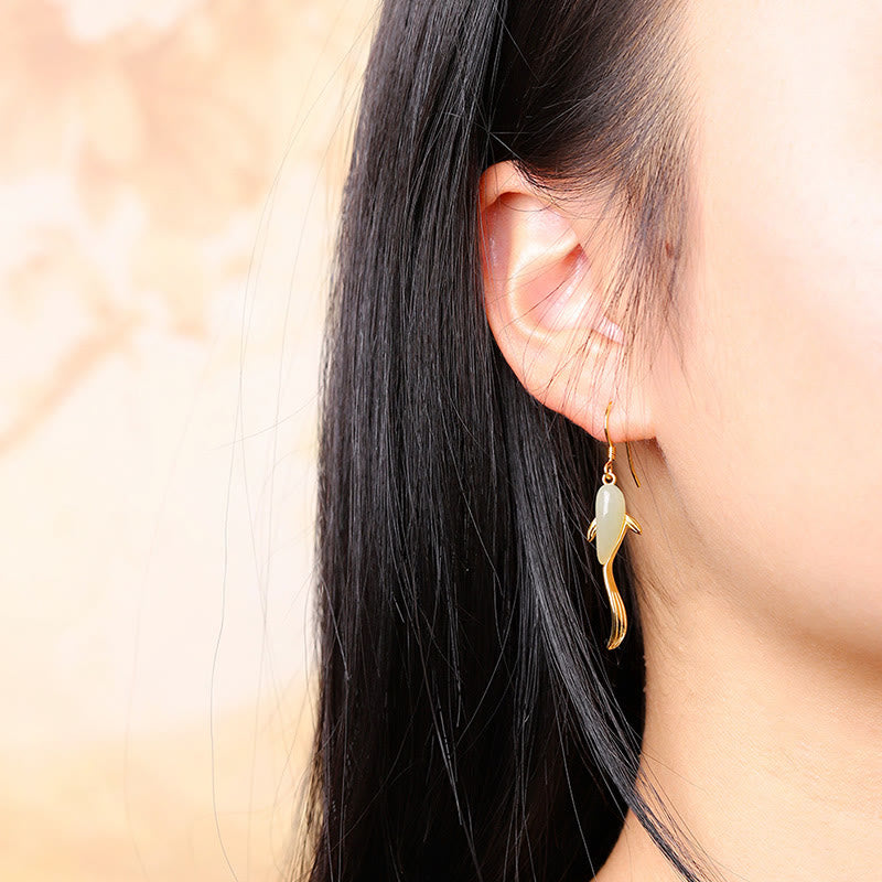 Luck and Healing Fish Pattern Jade Dangle Drop Earrings
