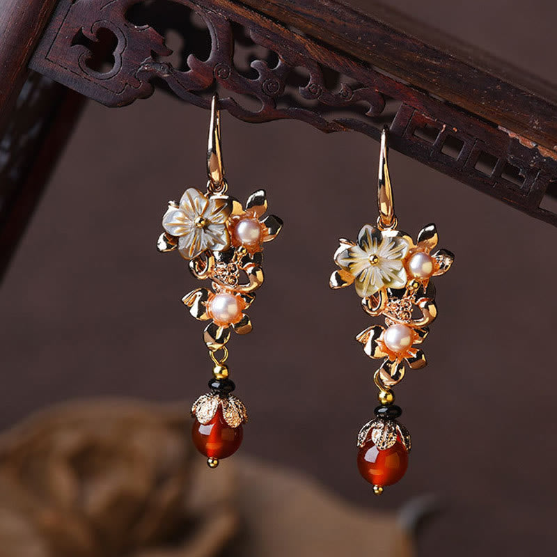 Nimara Ritual 14K Gold Plated Tridacna Stone Flower Pearl Green Aventurine Bead Drop Earrings