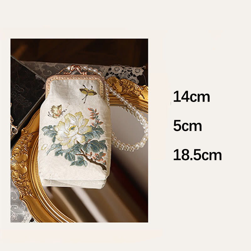 Nimara Ritual Small Flowers Butterfly Embroidered Pearl Metal Chain Shoulder Bag Crossbody Handbag Cellphone Bag