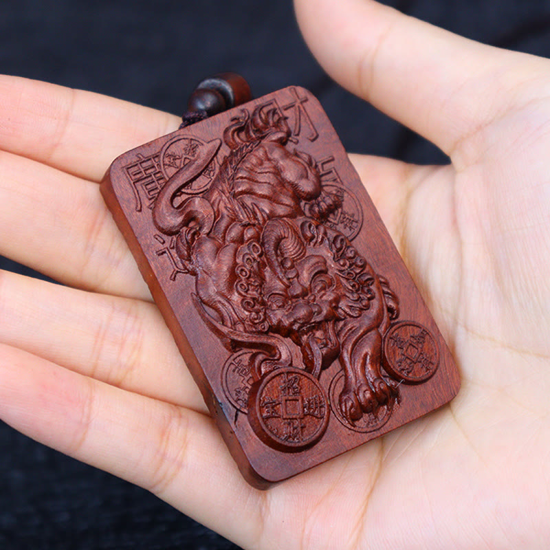 Nimara Ritual Natural Lightning Struck Jujube Wood PiXiu Copper Coin Good Fortune Necklace Pendant