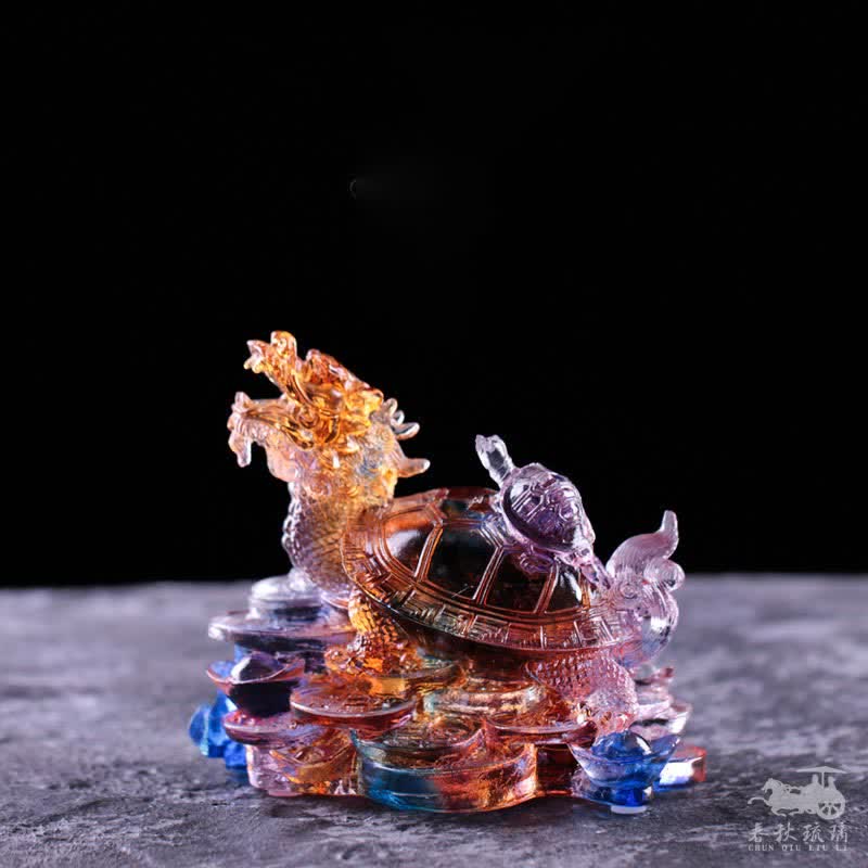 Nimara Ritual Feng Shui Dragon Turtle Coins Handmade Liuli Crystal Luck Art Piece Home Office Decoration