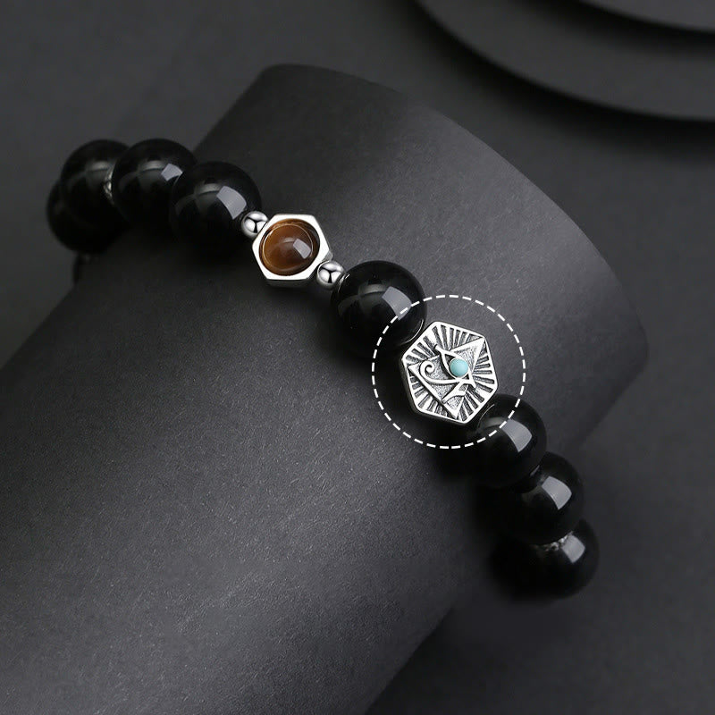 Nimara Ritual 925 Sterling Silver Black Obsidian Tiger Eye Eye of Providence Purification Bracelet