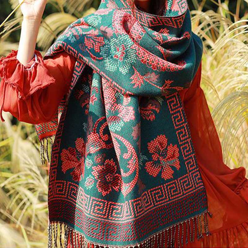 Nimara Ritual Tibetan Flowers Leaves Pattern Design Shawl Cozy Travel Scarf Wrap