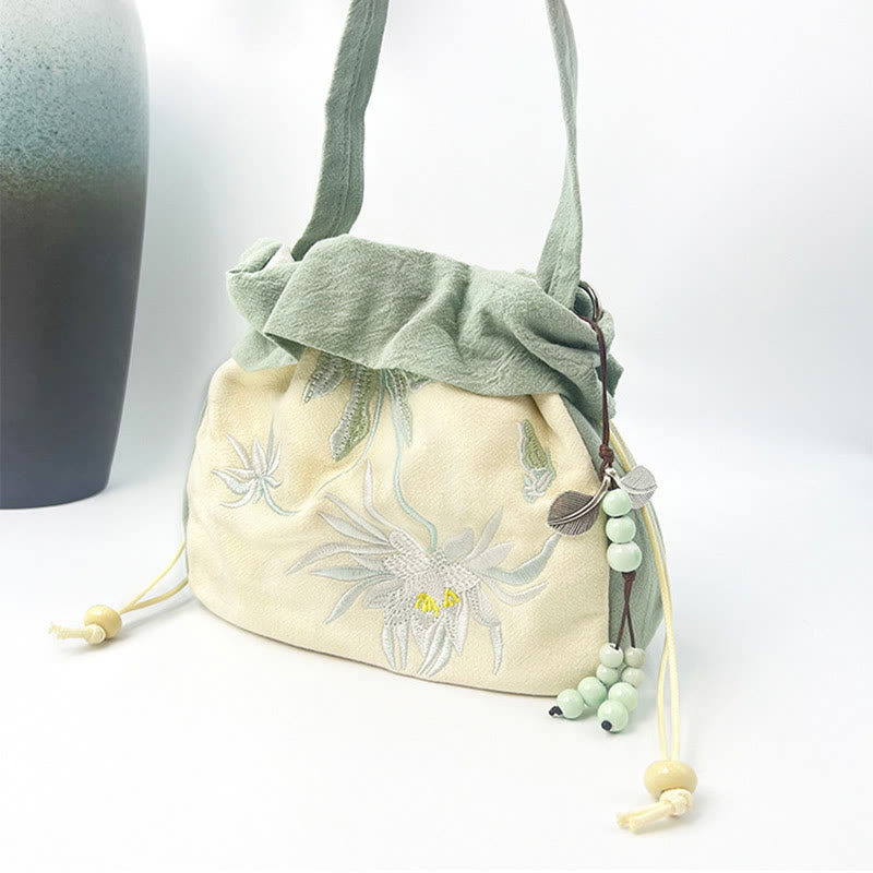 Nimara Ritual Suzhou Embroidery Lotus Epiphyllum Magnolia Cotton Linen Tote Crossbody Bag Shoulder Bag Handbag