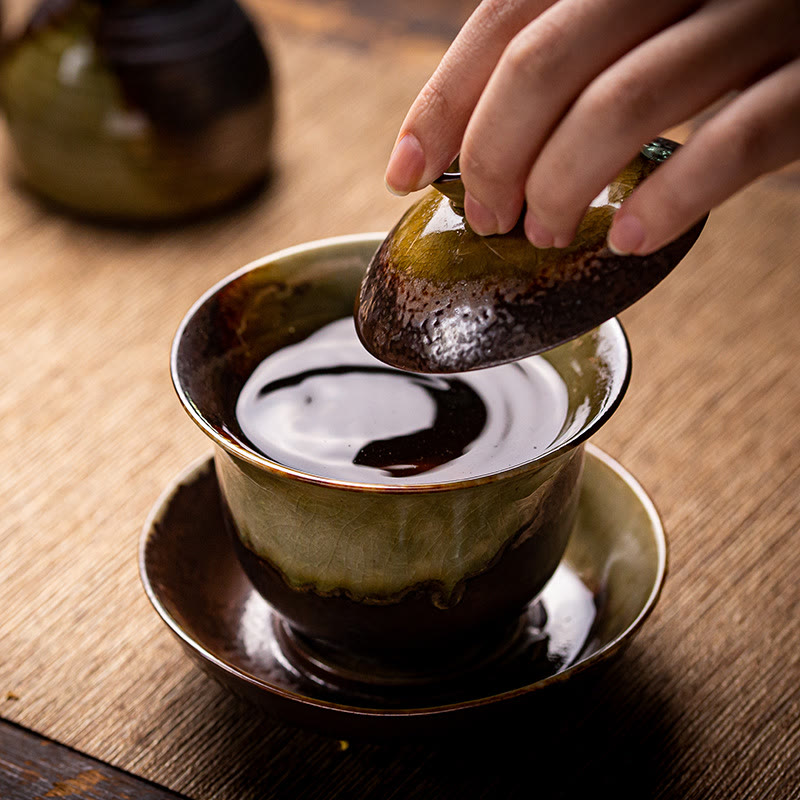 Nimara Ritual Vintage Brown Kiln Change Design Porcelain Ceramic Gaiwan Sancai Teacup Kung Fu Tea Cup And Saucer With Lid