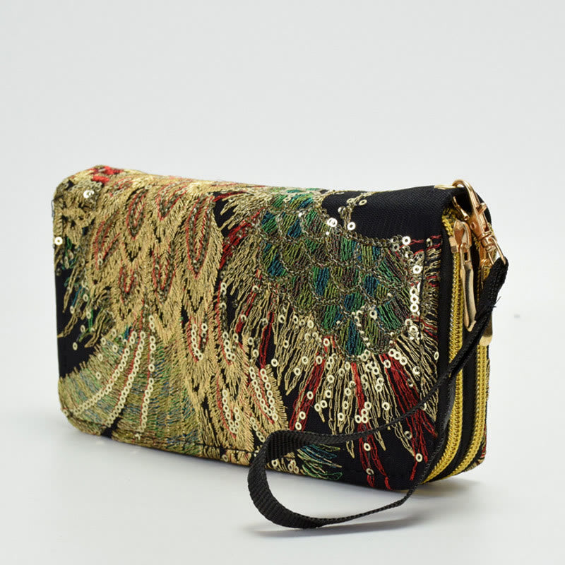Nimara Ritual Peacock Double-sided Embroidery Cash Holder Wallet Shopping Purse