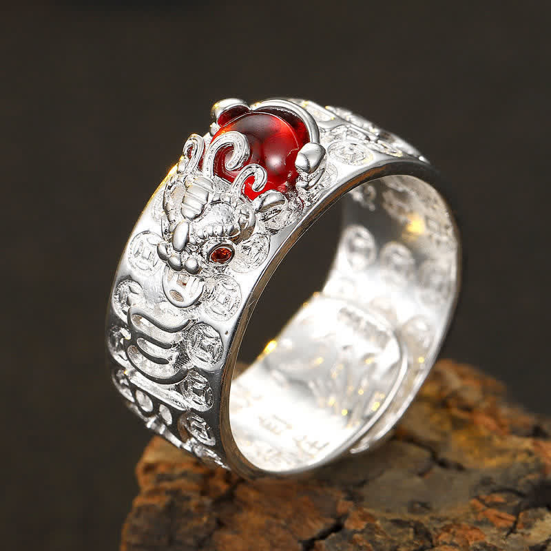 Nimara Ritual FengShui PiXiu Red Garnet Heart Sutra Wealth Ring