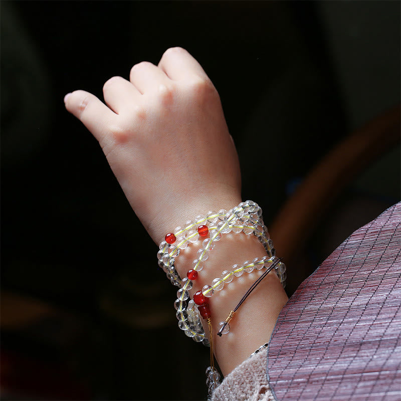 Nimara Ritual 108 Mala Beads 925 Sterling Silver Natural White Agate Red Agate Quadruple Wrap Protection Bracelet
