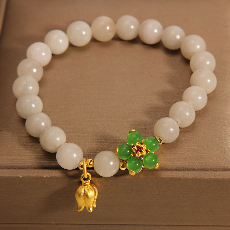Nimara Ritual Natural Jade Green Flower Lily Of The Valley Luck Bracelet