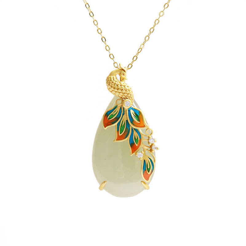 Nimara Ritual White Jade Peacock Protection Necklace Chain Pendant