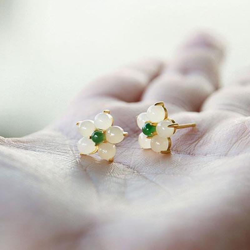 Nimara Ritual White Jade Flower Luck Blessing Stud Earrings