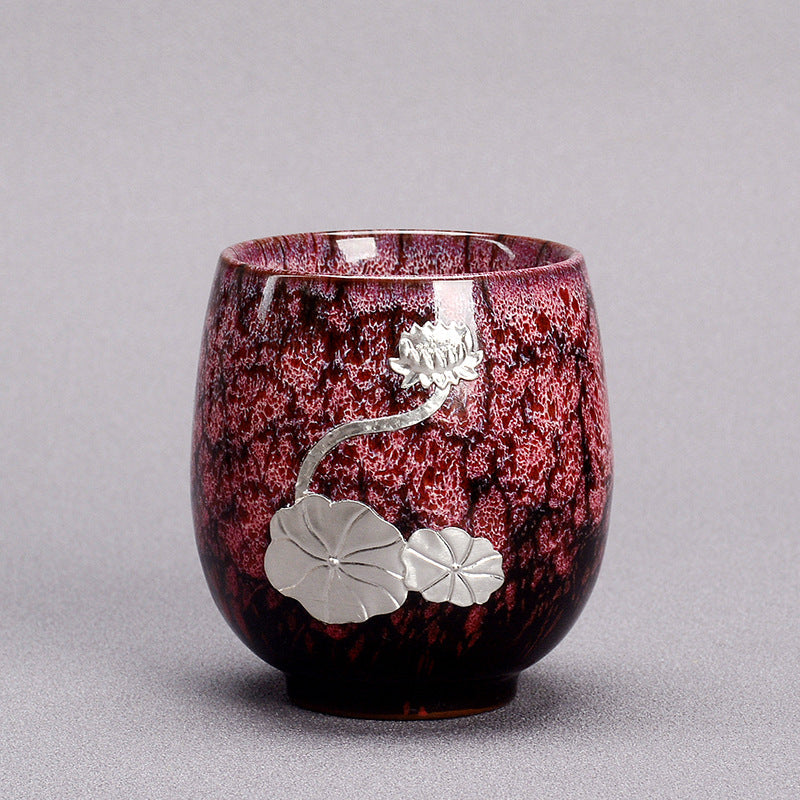 Nimara Ritual Silver Lotus Flower Leaf Chinese Jianzhan Ceramic Teacup Kung Fu Tea Cup 150ml