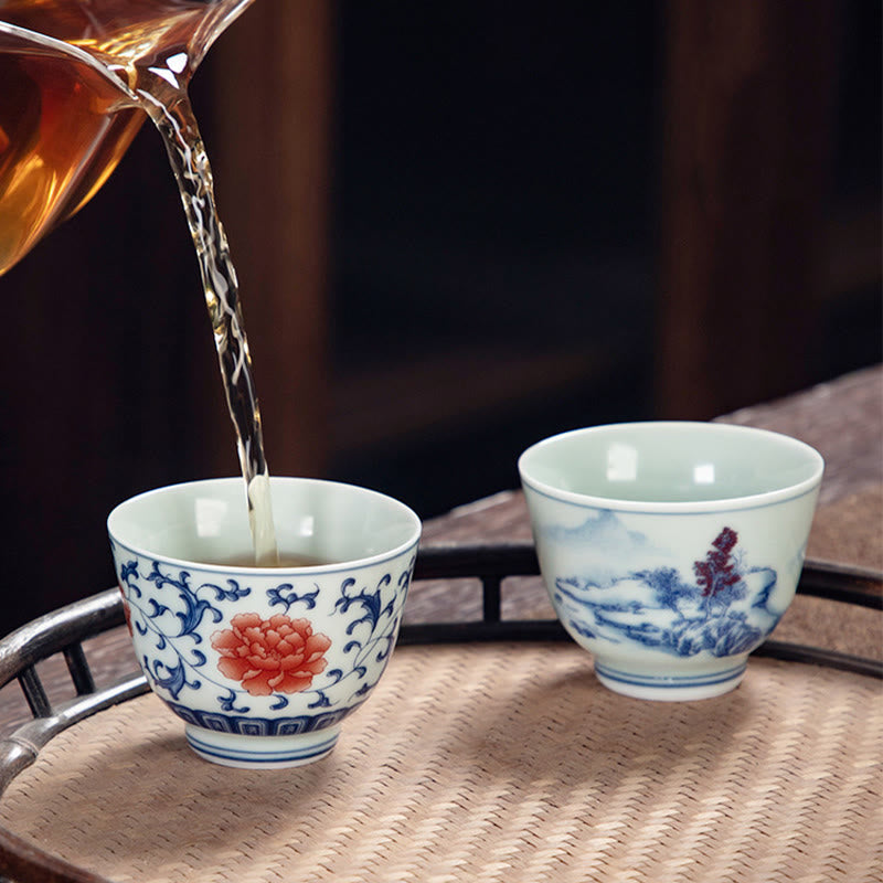 Nimara Ritual Blue Landscape Mountains Lotus Cute Cat Pavilions Magnolia Reed Egrets Ceramic Teacup Small Kung Fu Tea Cup