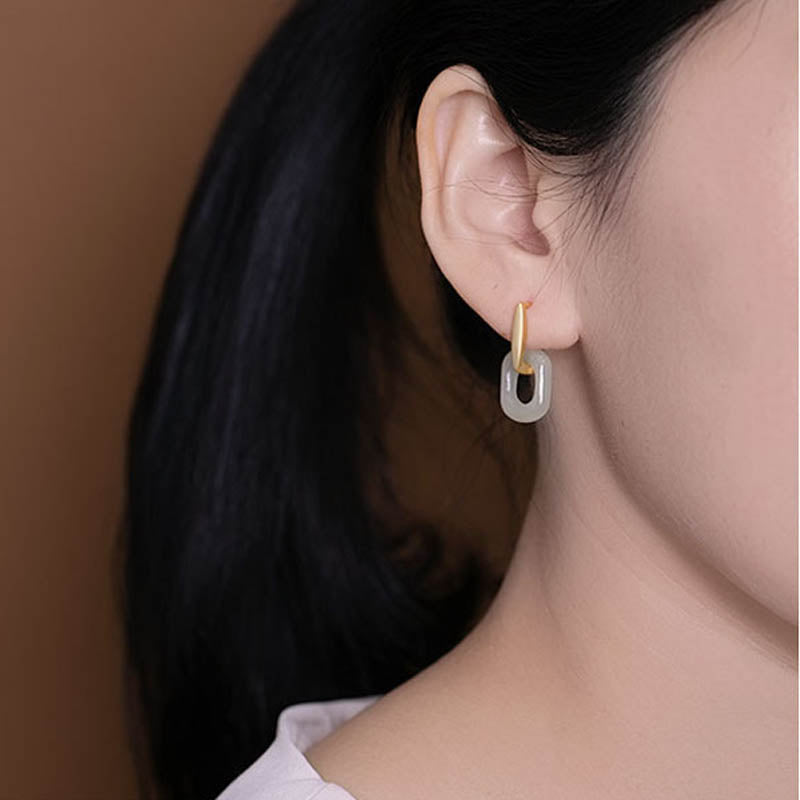 Nimara Ritual 925 Sterling Silver Round White Jade Happiness Blessing Earrings