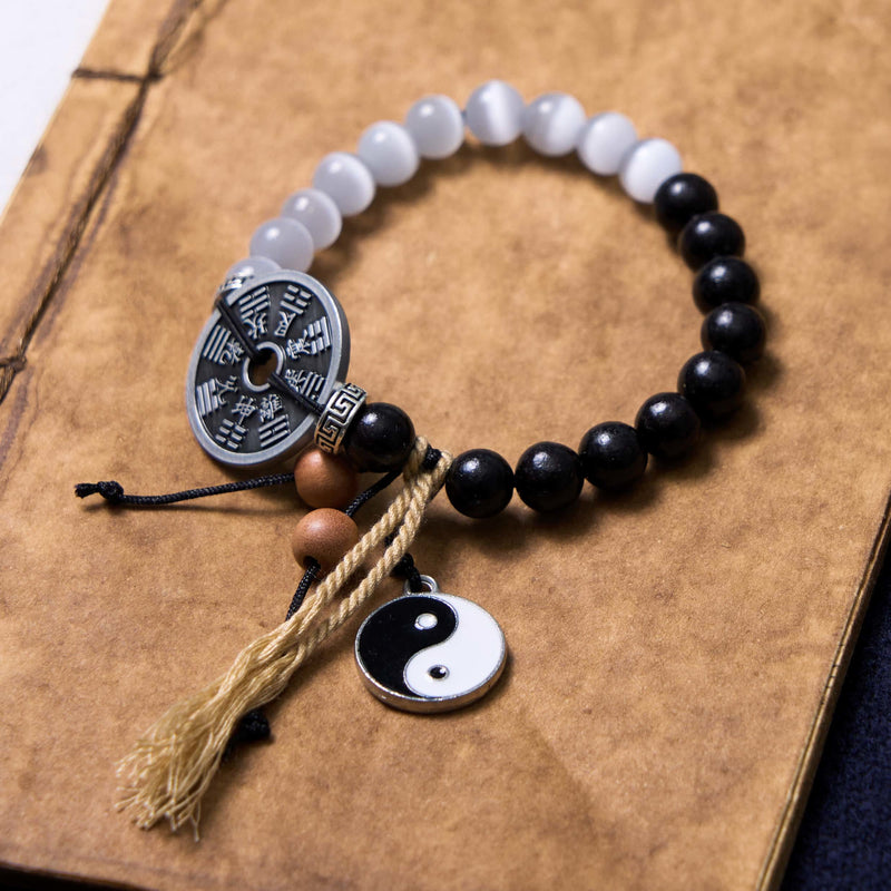 Nimara Ritual Cat's Eye Ebony Wood Yin Yang Bagua Coin Support Rope Bracelet