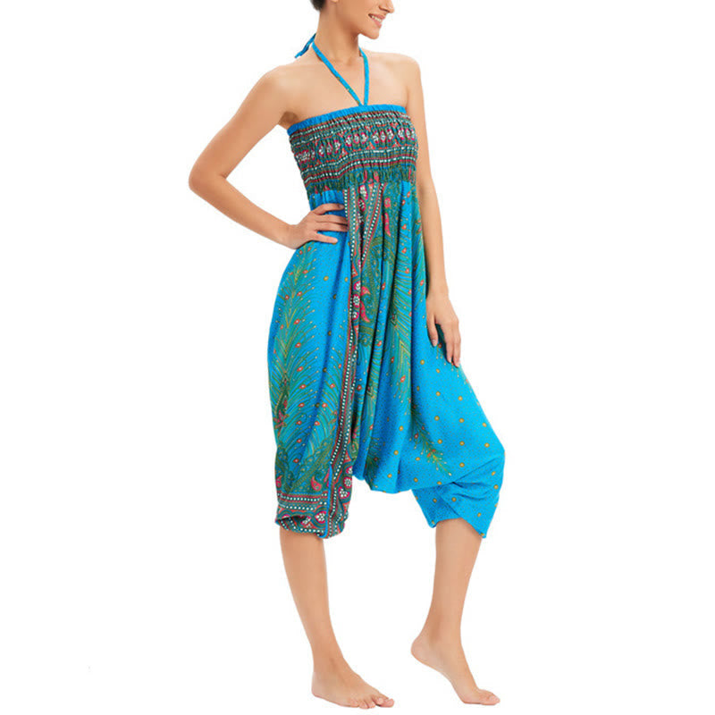 Nimara Ritual Two Style Wear Peacock Feather Loose Smocked Harem Trousers Jumpsuit High Waist Pants