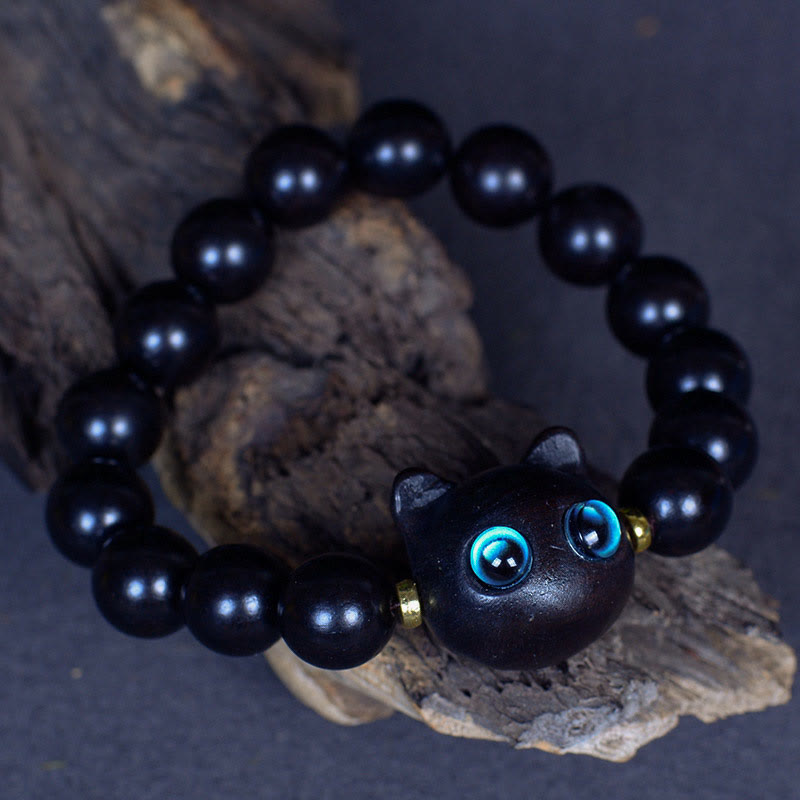 Nimara Ritual Ebony Wood Liuli Glass Lovely Cat Peace Balance Bracelet