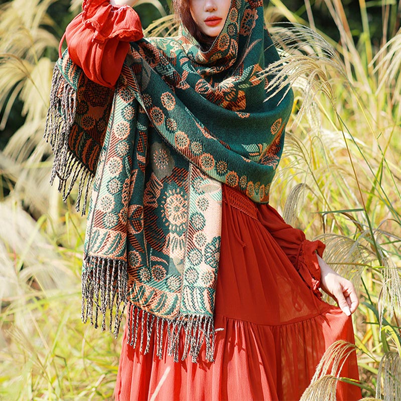Nimara Ritual Tibetan Flower Floral Leaves Pattern Design Shawl Cozy Travel Scarf Wrap