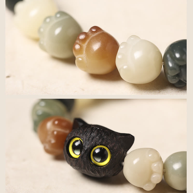 Nimara Ritual Natural Bodhi Seed Lovely Paw Ebony Wood Lucky Cat Wisdom Bracelet