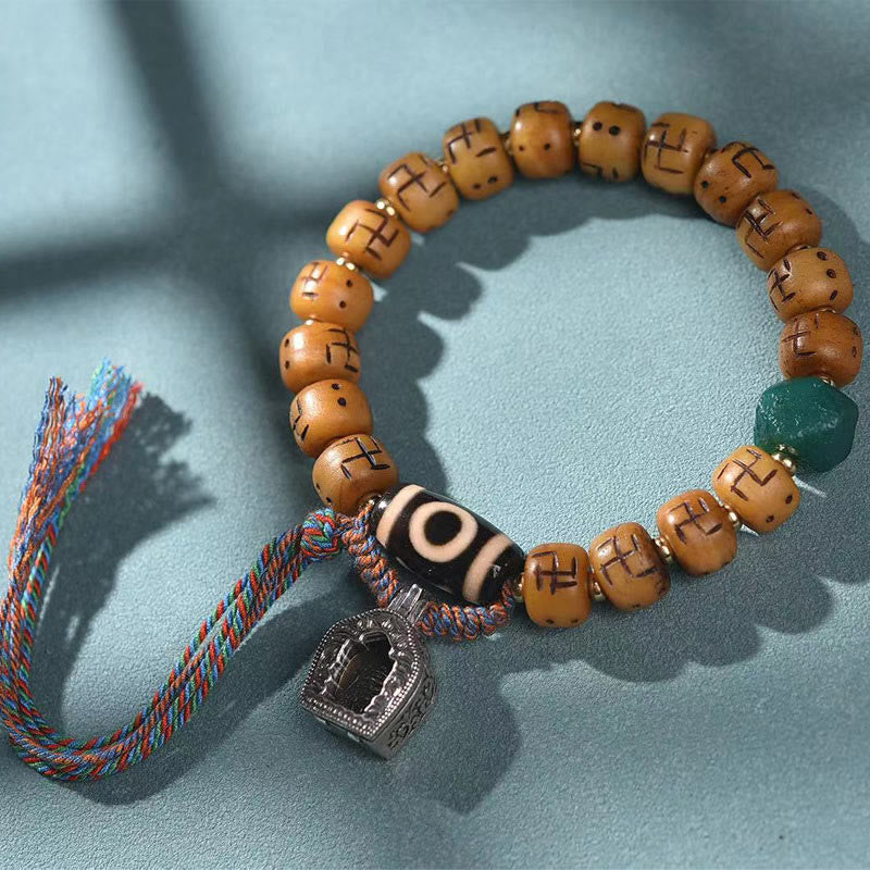 Nimara Ritual Natural Tibetan Camel Bone Swastika Dzi Bead Shankha Buddha Charm Kirtimukha Luck Protection Tassel Bracelet