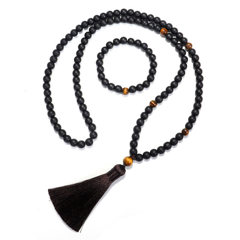 Nimara Ritual 108 Mala Beads Frosted Stone Tiger Eye Balance Bracelet Necklace Pendant