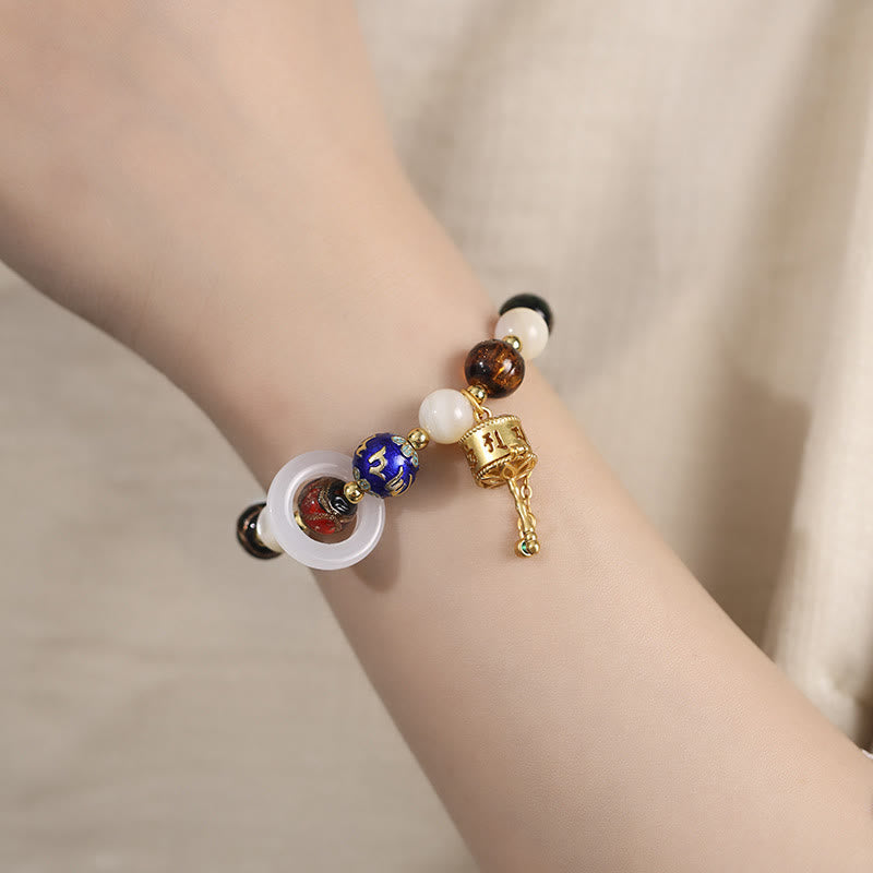 Nimara Ritual Tibetan Incense Ash Liuli Glass Tridacna Stone Sun Stone Om Mani Padme Hum Prayer Wheel Charm Bracelet