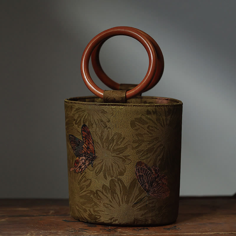 Nimara Ritual Bamboo Leaf Butterfly Cherry Blossom Persimmon Wood Handle Handbag