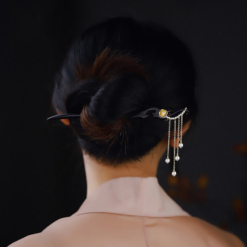 Nimara Ritual Ebony Wood Yellow Flower Pearl Tassels Hairpin