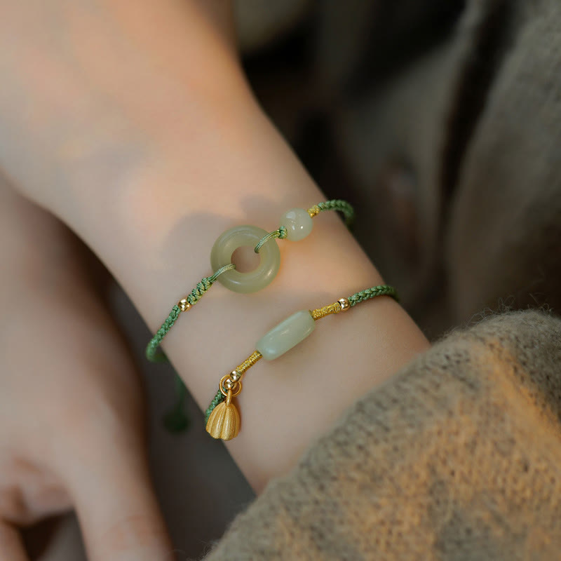 Nimara Ritual Lotus Jade Peace Buckle Bead Luck Happiness Charm String Bracelet