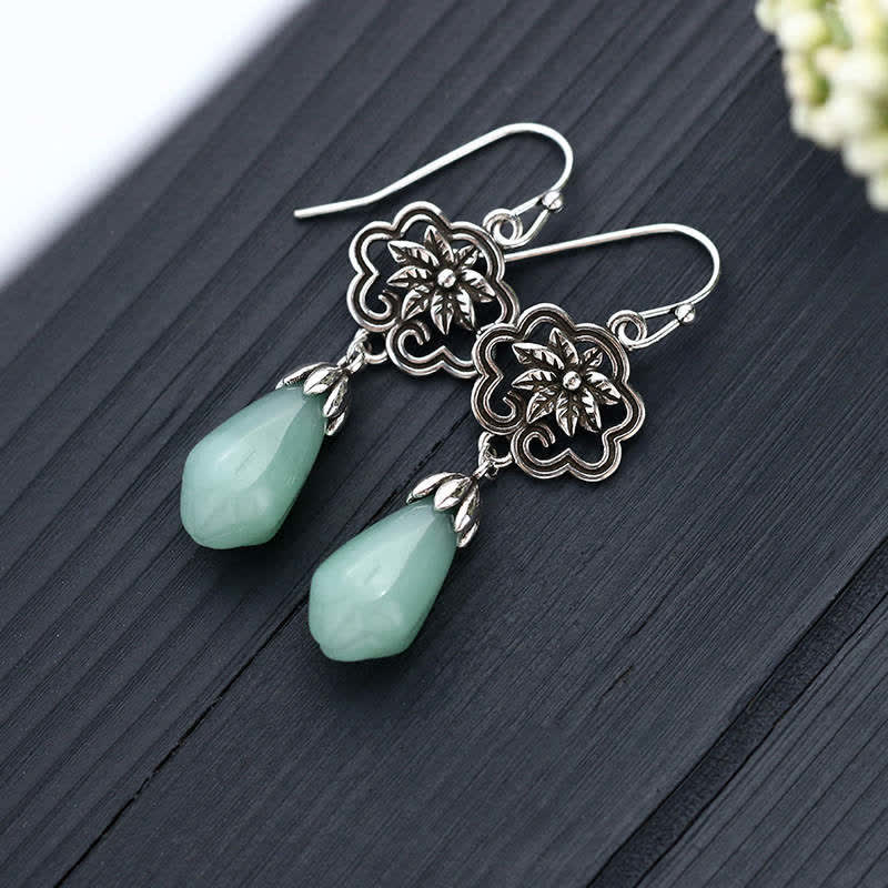 Nimara Ritual Magnolia Flower Jade Water Drop Prosperity Dangle Earrings