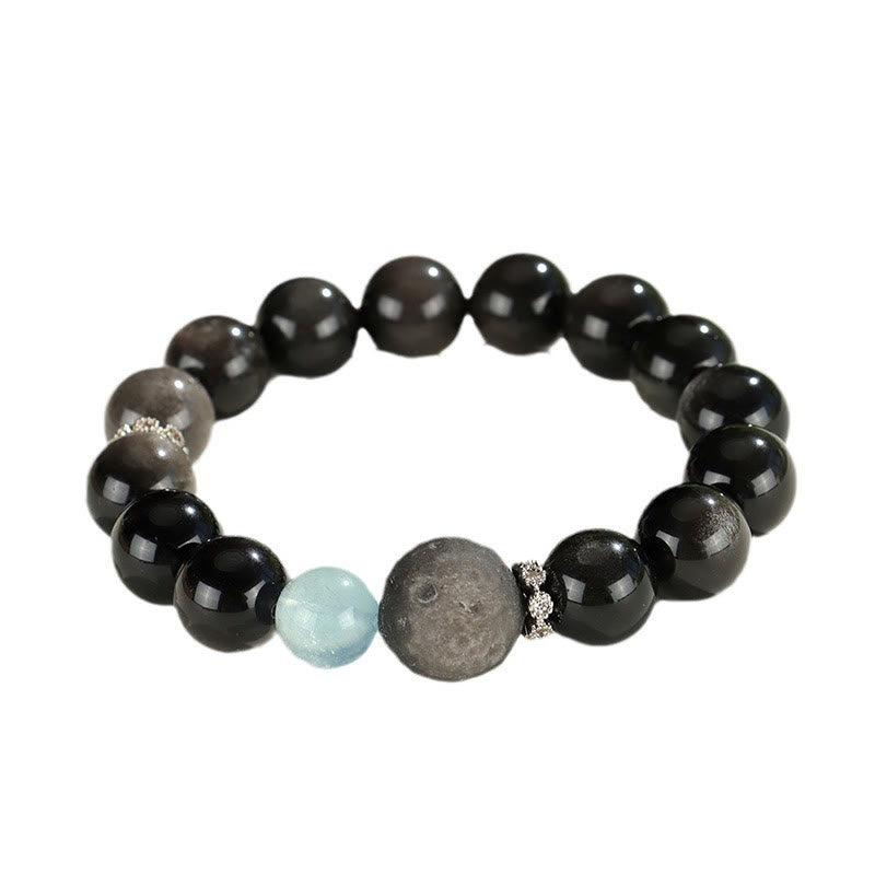 Nimara Ritual Natural Silver Sheen Obsidian Cat Head Fox Planet Protection Bracelet