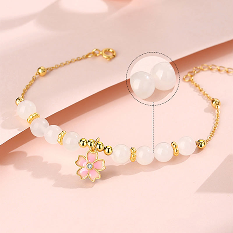 Nimara Ritual 925 Sterling Silver Hetian White Jade Cherry Blossom Protection Bracelet