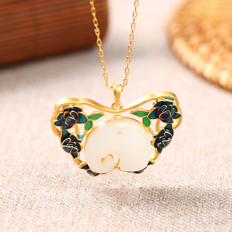 Nimara Ritual White Jade Elephant Butterfly Lotus Success Necklace Chain Pendant