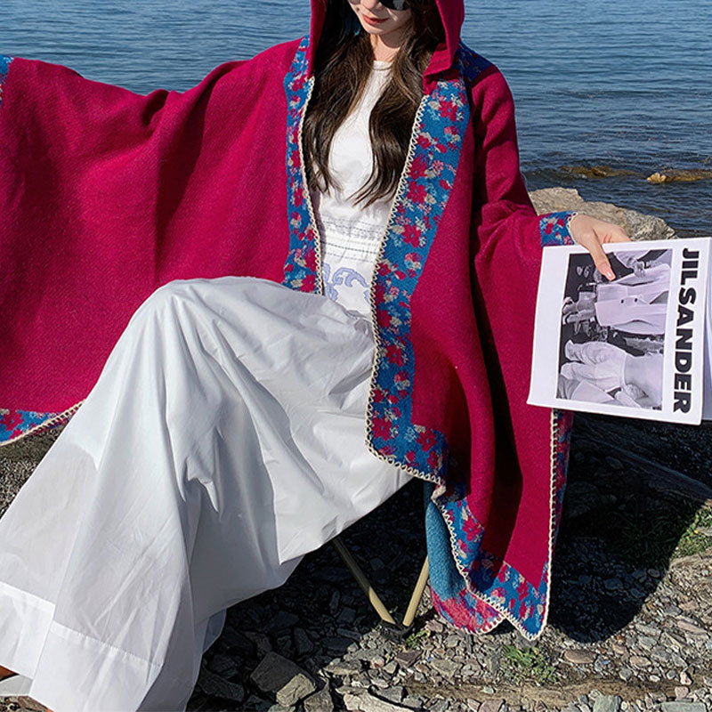 Nimara Ritual Tibetan Shawl Border Small Floral Flower Hooded Cloak Winter Cozy Travel Scarf Wrap