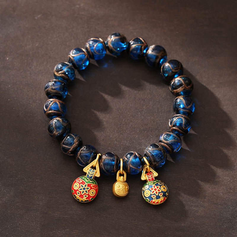 Nimara Ritual Gold Swallowing Beast Luck Charm Blue Liuli Glass Bead Fortune Bracelet
