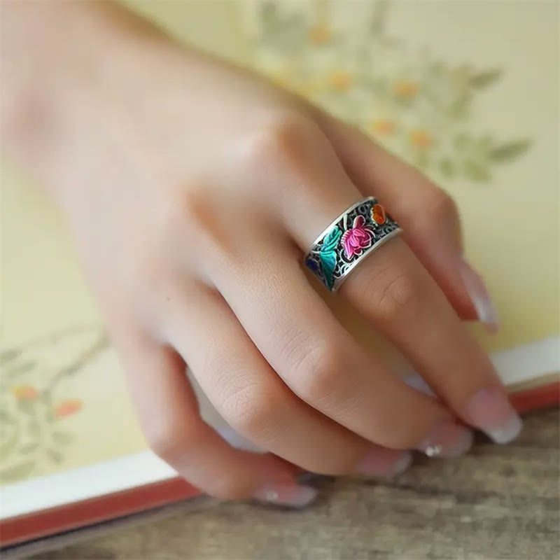 Nimara Ritual Copper Blue Enamel Lotus Heart Sutra Koi Fish Luck Ring