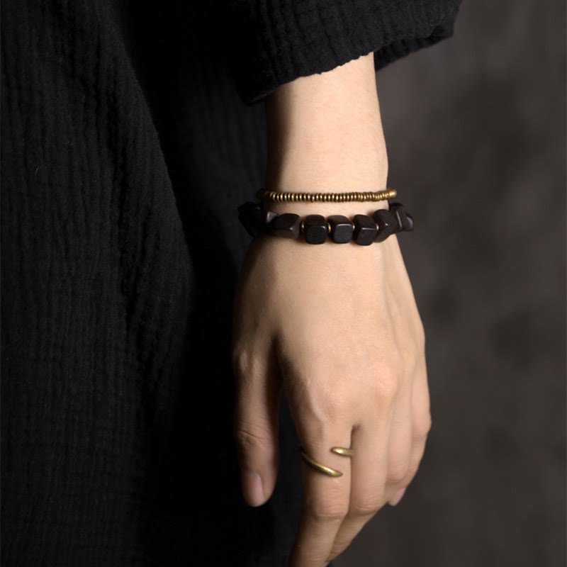Nimara Ritual Tibetan Ebony Wood Copper Peace Double Wrap Bracelet