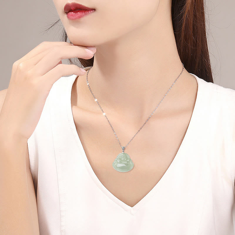 Nimara Ritual Natural Jade Laughing Buddha Prosperity Abundance Titanium Steel Chain Necklace Pendant