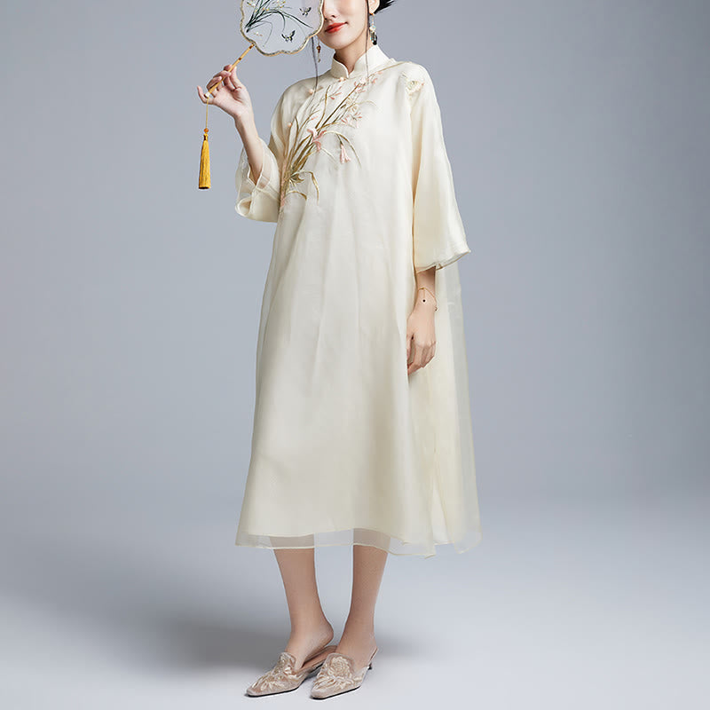 Nimara Ritual 100% Mulberry Silk 6 Momme Dress Vintage Flower Butterfly Embroidery Qipao Dress Women's Cheongsam Dress