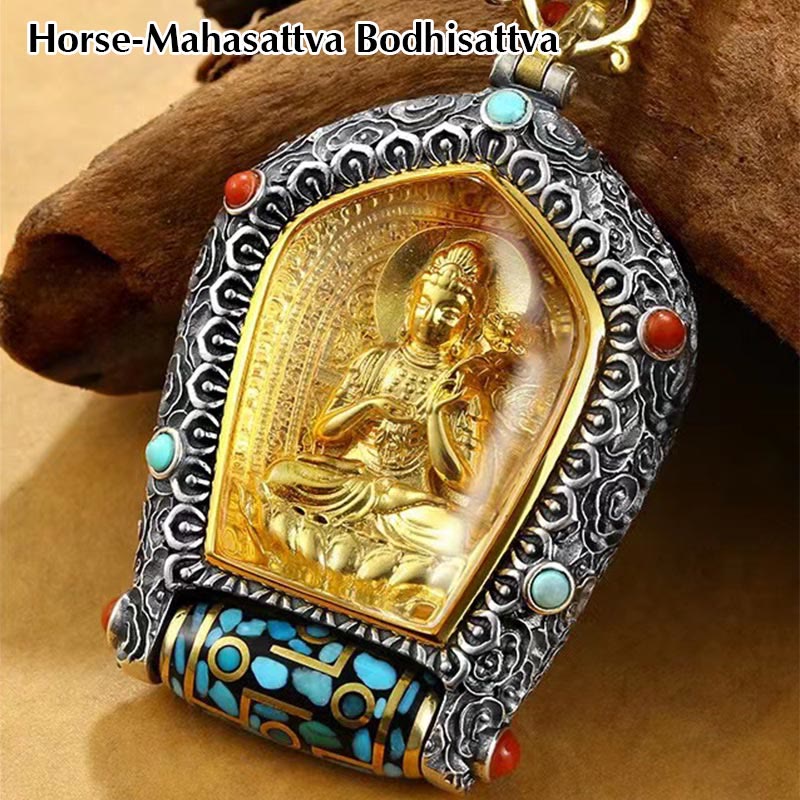 Nimara Ritual Tibet Chinese Zodiac Natal Buddha Thangka Prosperity Rotatable Dzi Bead Necklace Pendant