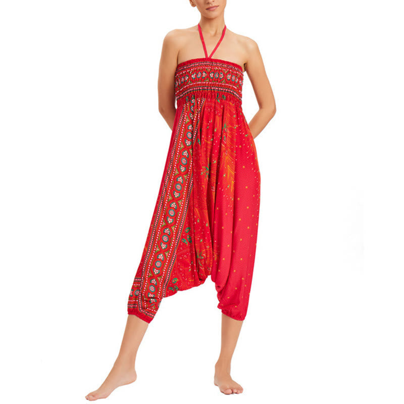 Nimara Ritual Two Style Wear Peacock Feather Loose Smocked Harem Trousers Jumpsuit High Waist Pants
