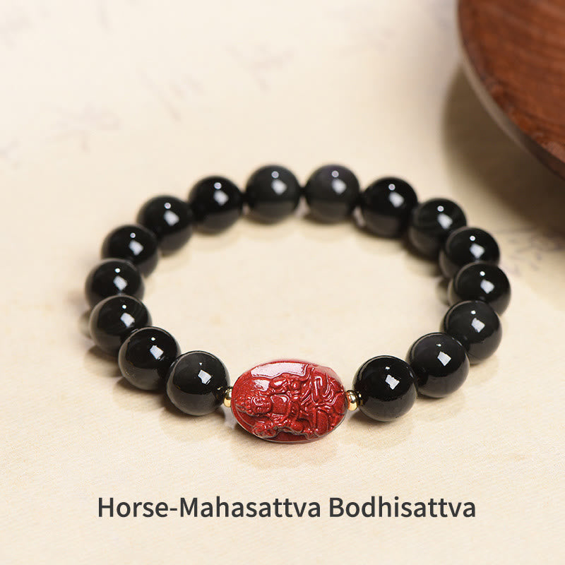 Nimara Ritual Chinese Zodiac Natal Buddha Natural Black Obsidian Cinnabar Purification Bracelet