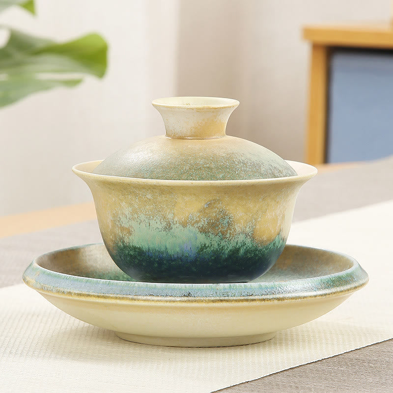 Nimara Ritual Green Ocean Waves Design Porcelain Ceramic Gaiwan Sancai Teacup Kung Fu Tea Cup And Saucer With Lid