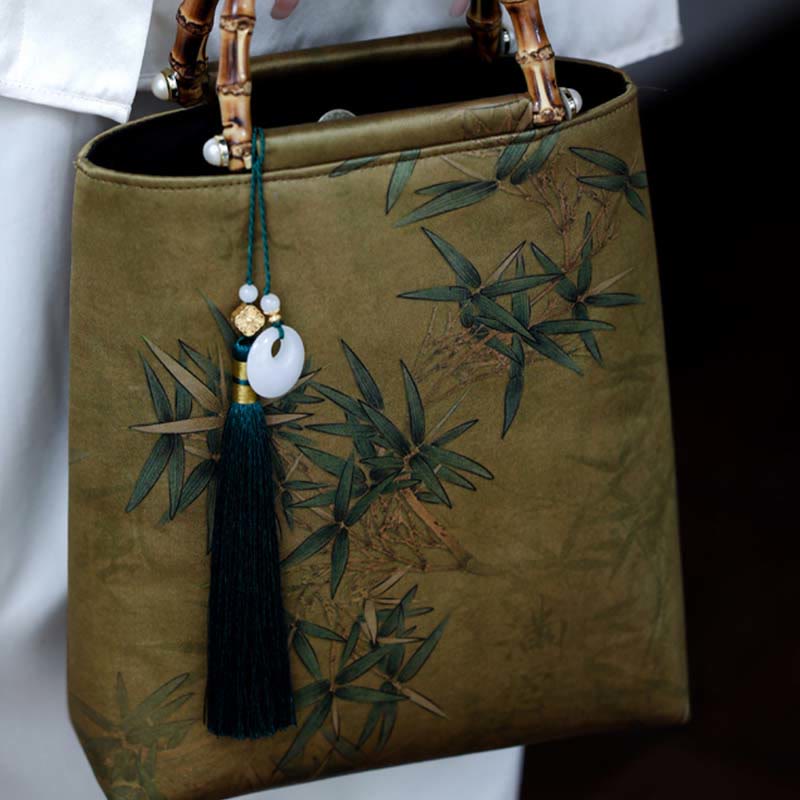Nimara Ritual Yellow Green Bamboo Leaves Bamboo Handles Handbag